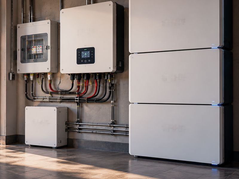 Illusztráció: hibrid inverter és energiatároló modulok egy garázs falán